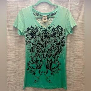 VOCAL Lace & Rhinestone Teal T-Shirt size Small